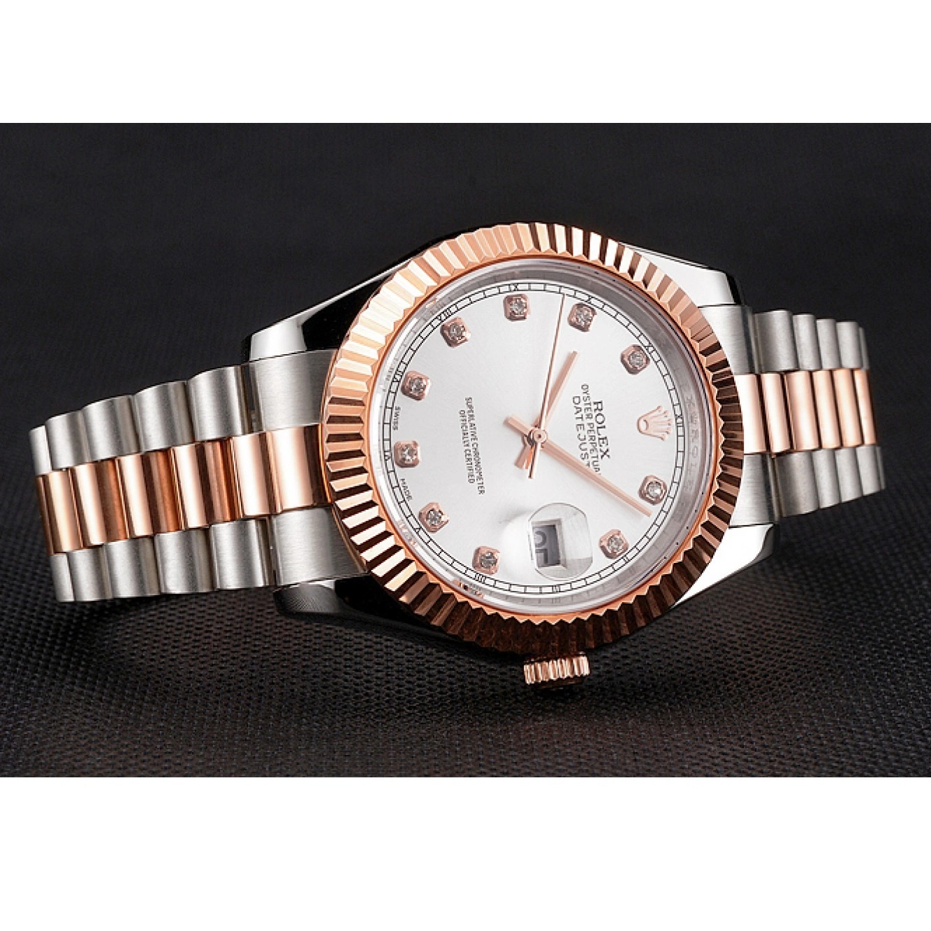 Rolex copies cheap Stainless Datejust White Case Swiss Bezel Dial Gold Steel Tone Rose Two Bracelet Rolex 0717